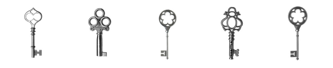 Set of different ornate keys on white background. Banner design