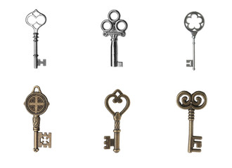 Set of different ornate keys on white background