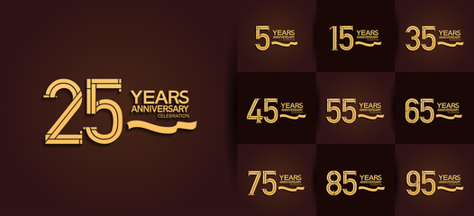 Anniversary logotype set with golden color and ribbon. vector design for celebration purpose, greeting, invitation card premium edition.	