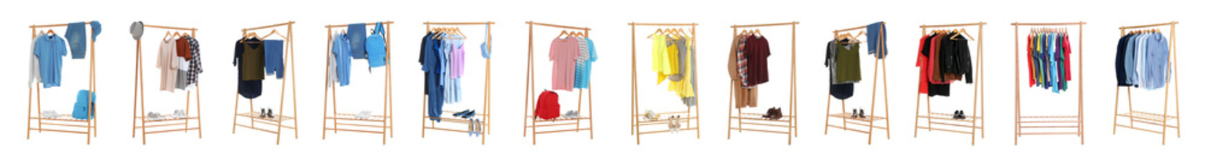 Set of wardrobe racks with different clothes on white background. Banner design