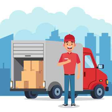 Delivery fast service with truck and courier vector illustration