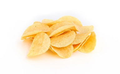 Potato chips pile isolated on a white background.