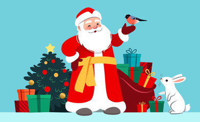 Russian Santa Claus in long red robe, with Christmas tree, wrapped gifts, sack of gifts, hare and bird. Christmas, New year vector cartoon character illustration for greeting cards, posters, ads.