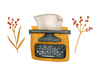 Watercolor retro ocher typewriter