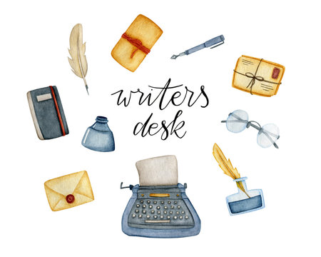 Watercolor stationery card with a typewriter, glasses, inkwell, pen, letters, cup, notebooks and handwritten lettering "Writers desk"