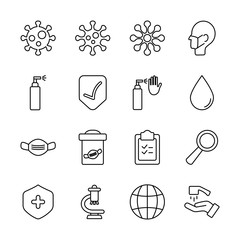 spray can and Coronavirus icon set, line style