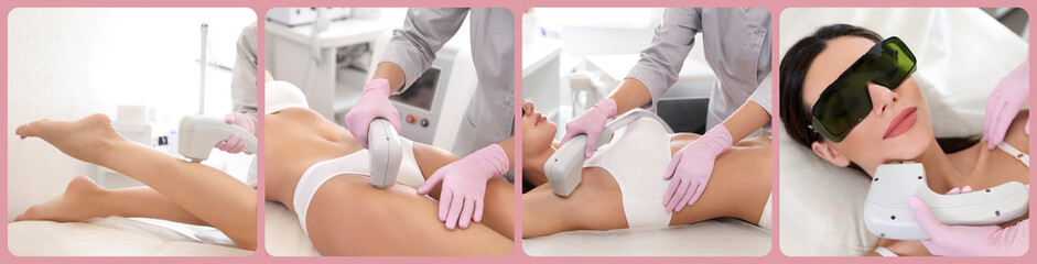 Obraz na płótnie Canvas Collage with photos of woman undergoing laser epilation procedure. Banner design