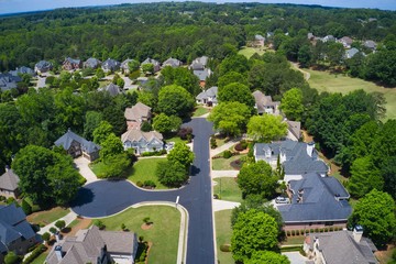 Aerial view of house cluster in an Sub division in Suburbs of Atlanta, GA