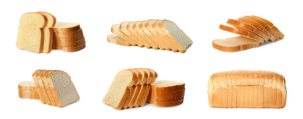 Collection of sliced bread on white background. Banner design