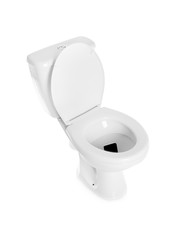 Smartphone dropped into toilet bowl on white background