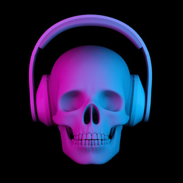 human skull in headphones on black background