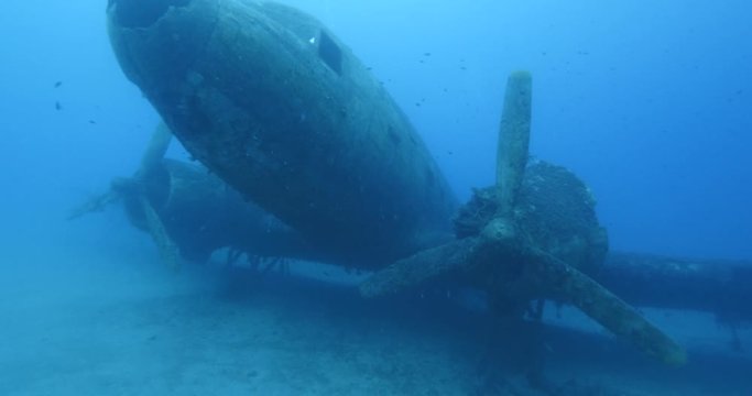 exploring underwater air plane wreck fish around ocean scenery of airplane scuba divers to enjoy