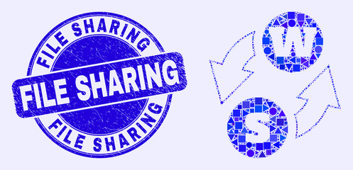Geometric alphabet characters exchange mosaic pictogram and File Sharing seal stamp. Blue vector rounded scratched stamp with File Sharing phrase.