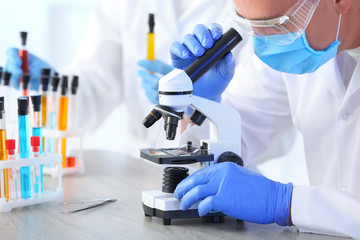 Fototapeta premium Scientist working with microscope in laboratory
