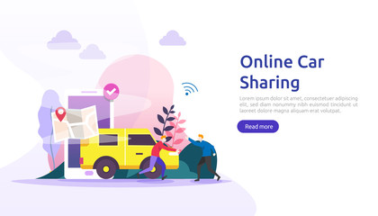 Online car sharing or rental concept. mobile city transportation with navigation smartphone, online map, GPS and people character for web landing page template, banner, presentation, ad or print media
