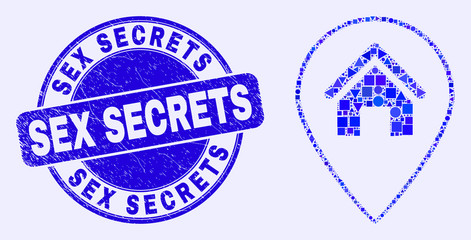 Geometric house map marker mosaic icon and Sex Secrets seal stamp. Blue vector rounded scratched seal stamp with Sex Secrets caption. Abstract mosaic of house map marker combined of circle, triangles,
