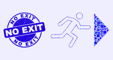 Geometric exit person mosaic icon and No Exit seal. Blue vector round distress seal with No Exit message. Abstract mosaic of exit person composed of spheric, triangles, square geometric items.