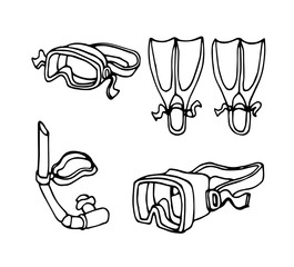 simple diving equipment set, breathing tube, mask & rubber fins for underwater swimming, vector illustration with black ink contour lines isolated on white background in doodle and hand drawn style © Николай Шитов