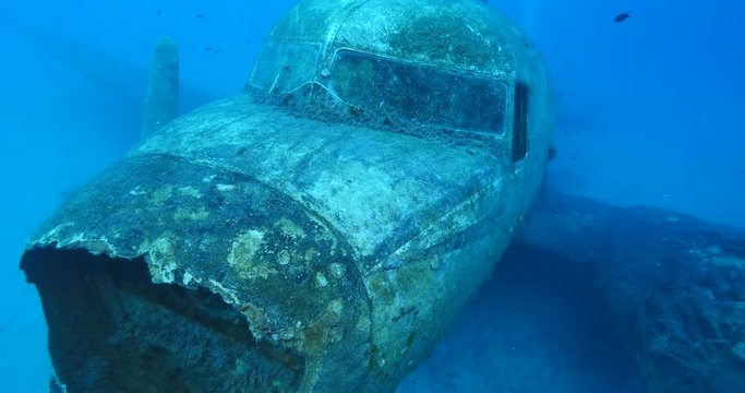 exploring underwater air plane wreck fish around ocean scenery of airplane scuba divers to enjoy