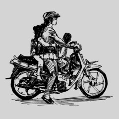 Fototapeta na wymiar Drawing of a woman is riding with her kids