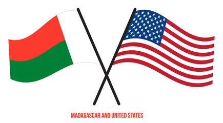 Madagascar and United States Flags Crossed Flat Style. Official Proportion. Correct Colors