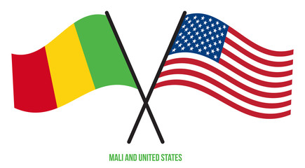Mali and United States Flags Crossed And Waving Flat Style. Official Proportion. Correct Colors