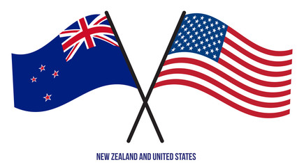 New Zealand and United States Flags Crossed Flat Style. Official Proportion. Correct Colors