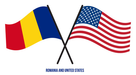 Romania and United States Flags Crossed And Waving Flat Style. Official Proportion. Correct Colors