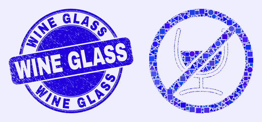 Geometric stop wine glass mosaic icon and Wine Glass stamp. Blue vector round grunge stamp with Wine Glass text. Abstract mosaic of stop wine glass composed of round, triangles,