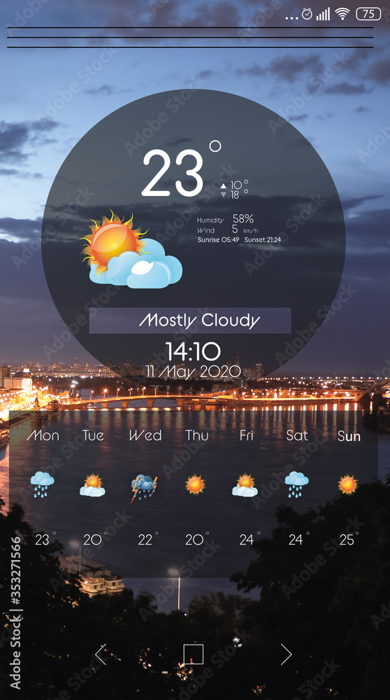 Wall mural weather forecast widget on screen. mobile application