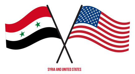 Syria and United States Flags Crossed And Waving Flat Style. Official Proportion. Correct Colors