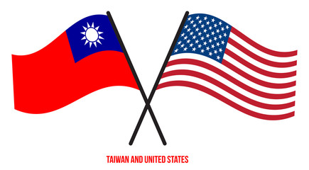 Taiwan and United States Flags Crossed And Waving Flat Style. Official Proportion. Correct Colors
