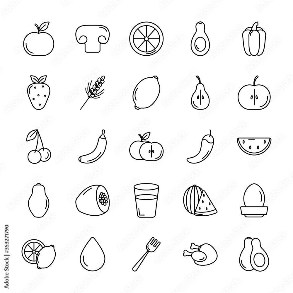 Poster water drop and healthy food icon set, line style