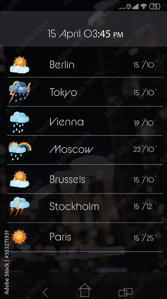 Wall mural weather forecast widget on screen. mobile application