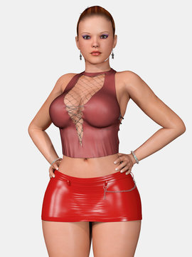 3d render of beautiful and cute girl with curvy body, red latex miniskirt and high heel	