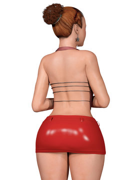 3d render of beautiful and cute girl with curvy body, red latex miniskirt and high heel	