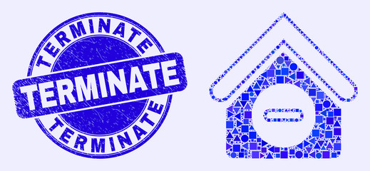 Geometric forbidden house mosaic pictogram and Terminate seal stamp. Blue vector round scratched seal with Terminate phrase. Abstract mosaic of forbidden house made of spheric, triangles,