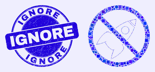 Geometric stop space rocket mosaic icon and Ignore seal stamp. Blue vector rounded grunge seal stamp with Ignore phrase. Abstract concept of stop space rocket composed of spheric, tringle,