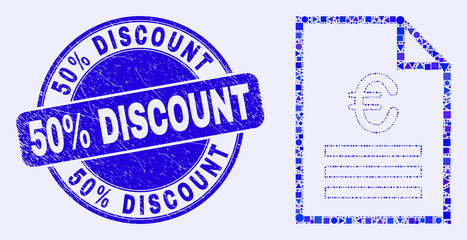 Fototapeta premium Geometric euro price page mosaic icon and 50% Discount seal stamp. Blue vector round distress seal stamp with 50% Discount phrase. Abstract mosaic of euro price page created of round, tringle,