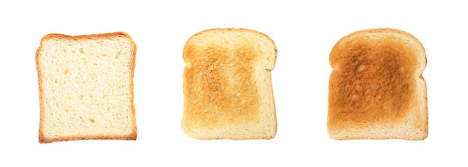 Set with toasted slices of wheat bread on white background, top view. Banner design