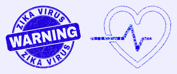 Geometric heart pulse mosaic pictogram and Zika Virus Warning seal stamp. Blue vector round textured seal stamp with Zika Virus Warning text. Abstract mosaic of heart pulse created of round, tringle,
