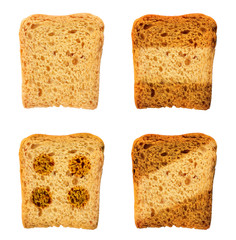Set with toasted slices of wheat bread on white background, top view