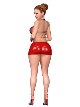 3d render of beautiful and cute girl with curvy body, red latex miniskirt and high heel	