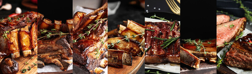 Collage with different photos of delicious grilled meat. Banner design