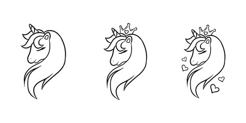 Beautiful unicorn head line art black and white vector