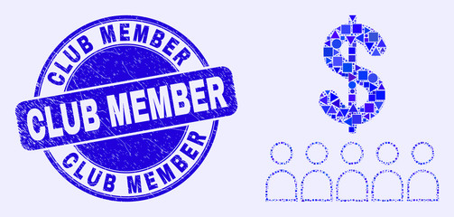 Geometric bank clients mosaic pictogram and Club Member seal stamp. Blue vector round scratched seal stamp with Club Member message. Abstract mosaic of bank clients composed of sphere, triangles,