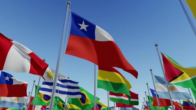 The G8 countries flags waving in the wind on flag poles against blue sky. 3D render animation.