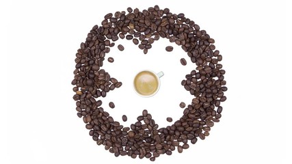 Coffee Time - Cup of coffee with foam and clock of coffee beans, seamless loop animation isolated on a white background.
