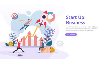 start up service or new product idea launch concept. project business with rocket tiny people character. template for web landing page, banner, presentation, social, print media. Vector illustration