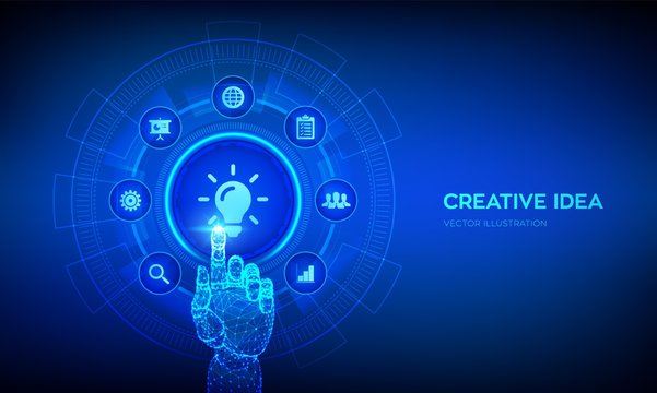 New idea. Creative Idea lamp icon. Creativity, innovation and inspiration modern technology and business concept on virtual screen. Robotic hand touching digital interface. Vector illustration.
